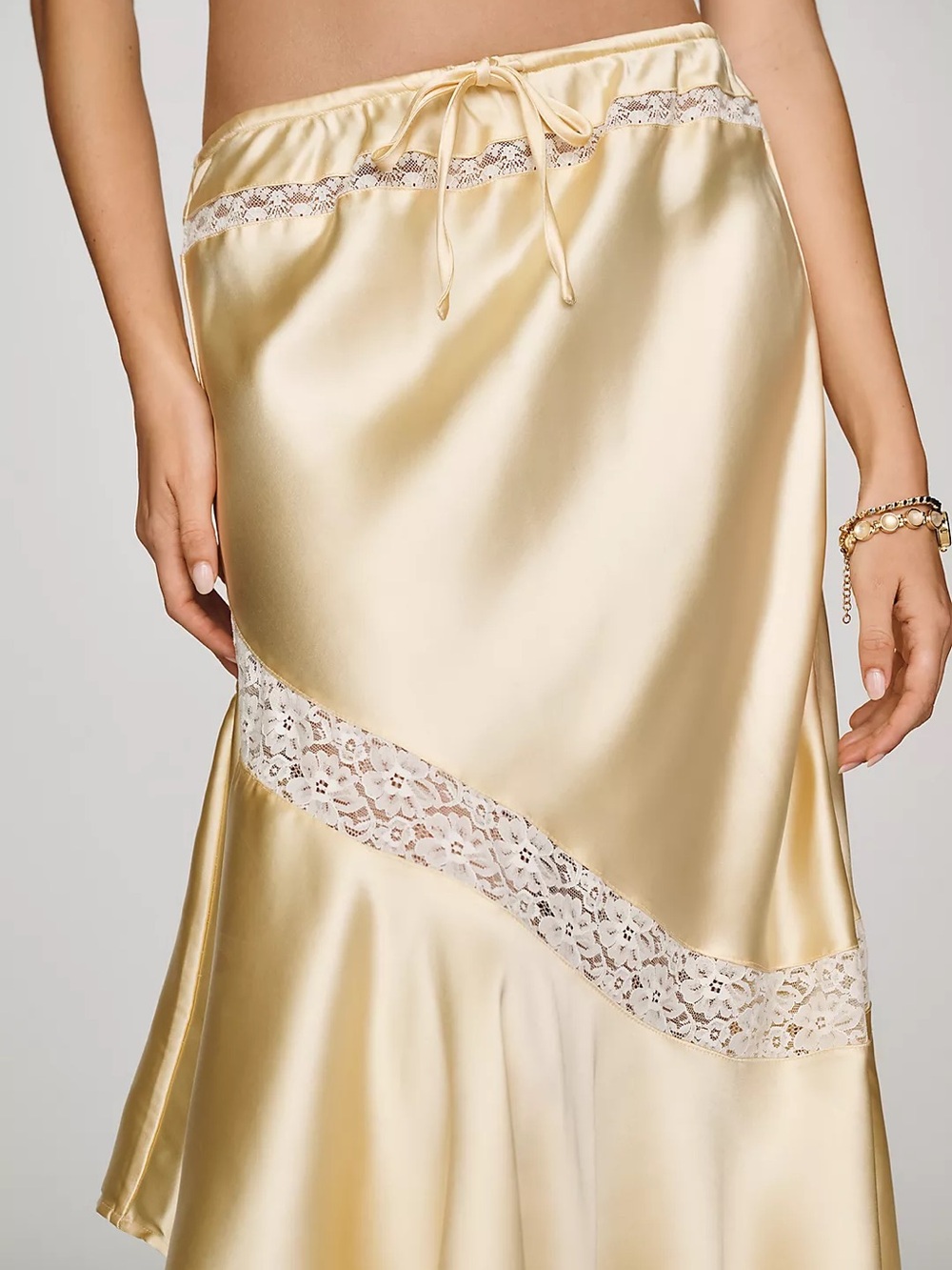 Satin Midi Skirt with Lace Trim - Pale Gold - Picture 3 of 3